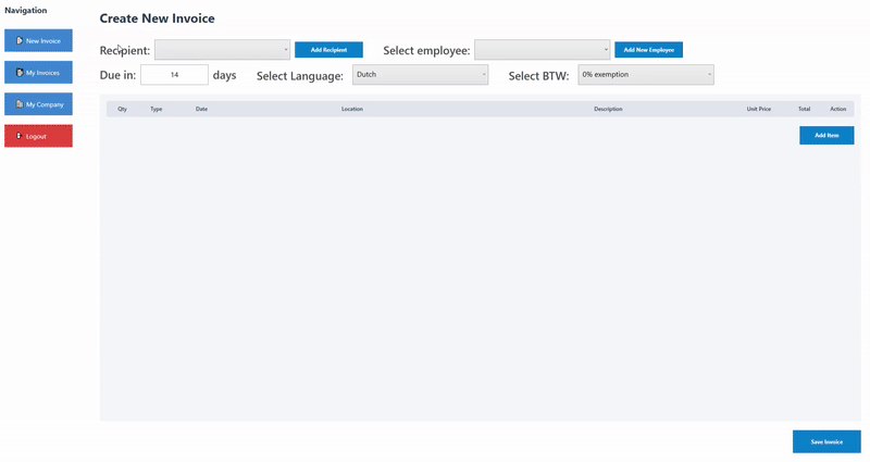 Main page of the invoice application.